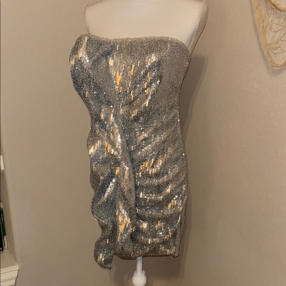 Silver Sequin Strapless Party Dress - Picture 3 of 7